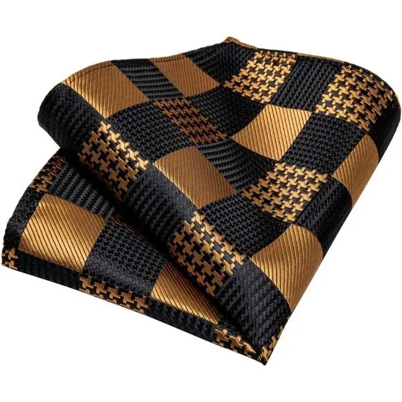 🆕Men Gold Plaid Silk Checkered Necktie Pocket Square Cufflinks Tie Clip Set